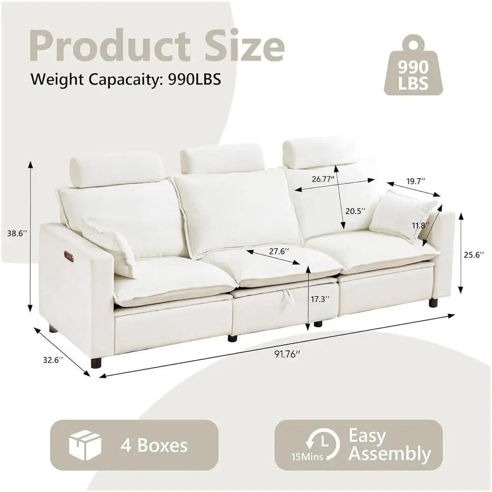 Power Reclining Sofa Cloud Couches for Living RoomCloud Couch Sectional with Storage Drawer,3 Seater Reclining Couches, Chenill