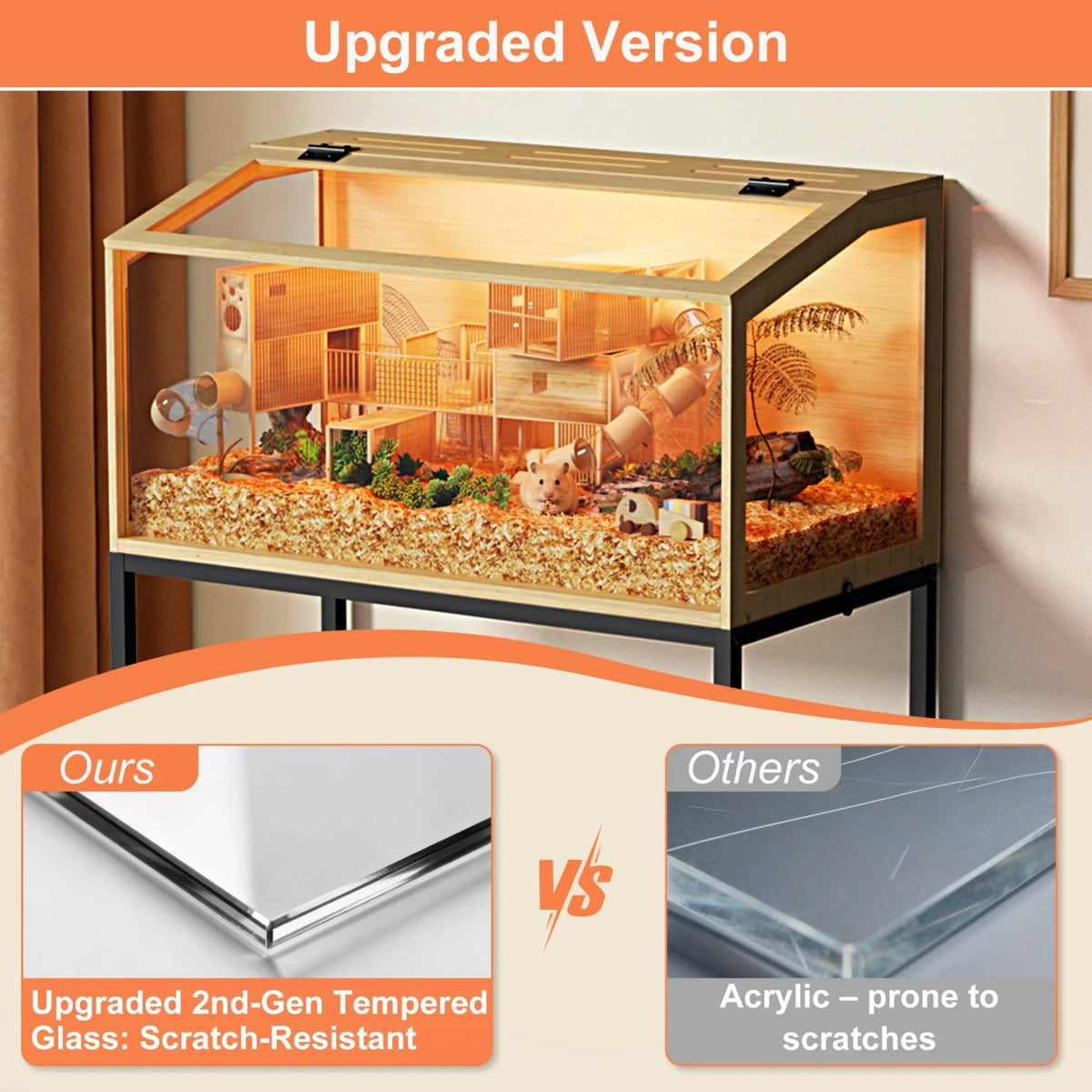 80x39x116cm Wooden Hamster Cage Built-in LED Hamster Habitat with Storage Shelf Tempered Glass Panels for Small Pets Guinea Pigs
