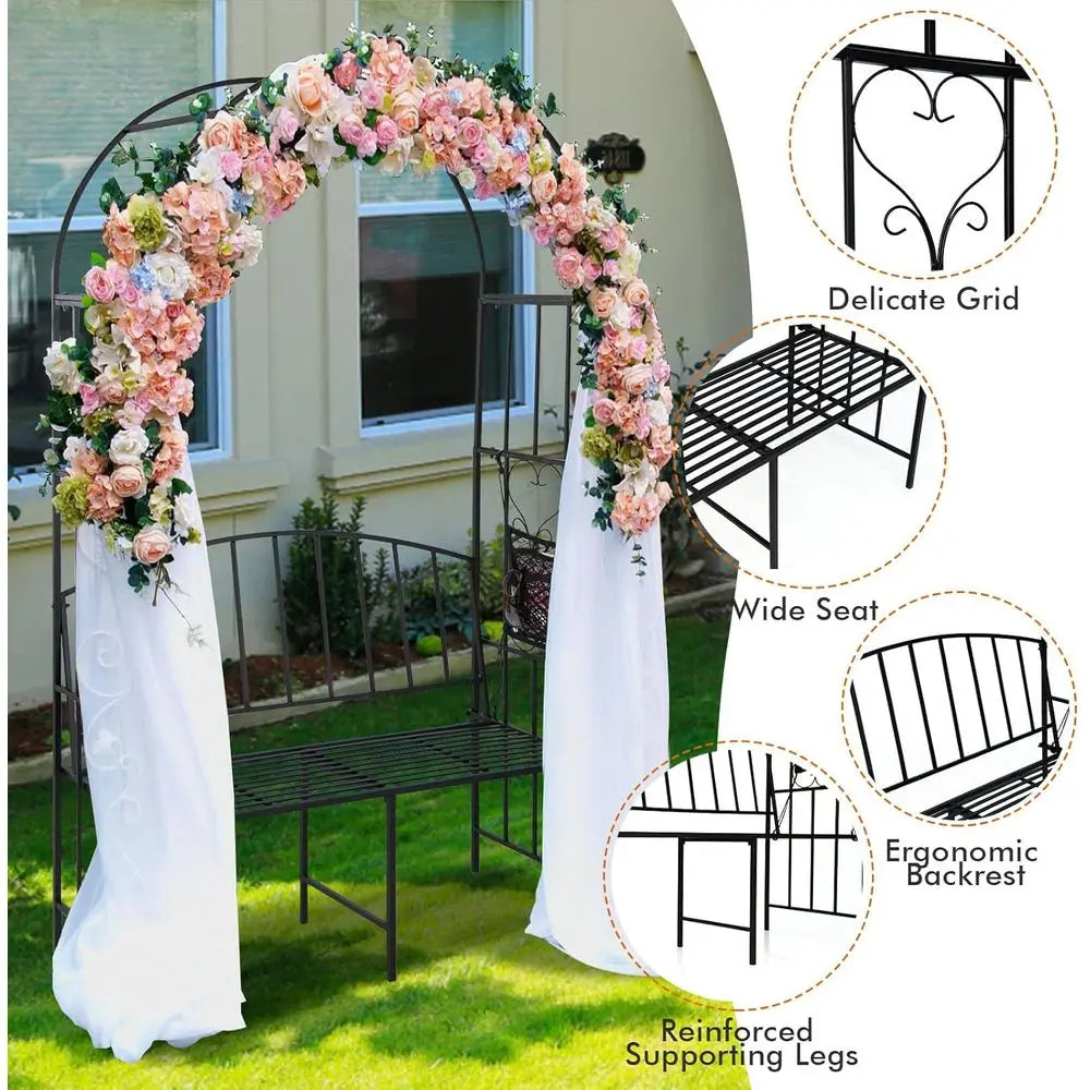 Durable Metal Garden Arch with Bench, Outdoor Arbor Trellis for Climbing Plants, Supports 660 lbs, Ideal for Patio, Weddings & G