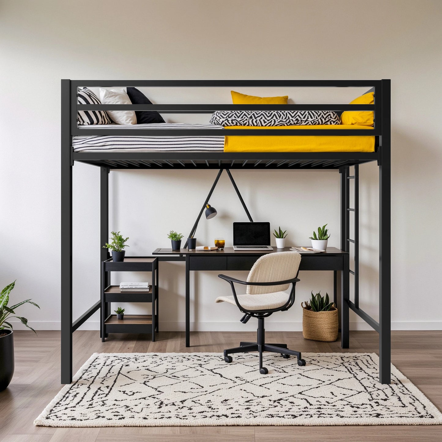 HOOMIC Metal Loft Bed Frame With Guardrail And Removable Ladder