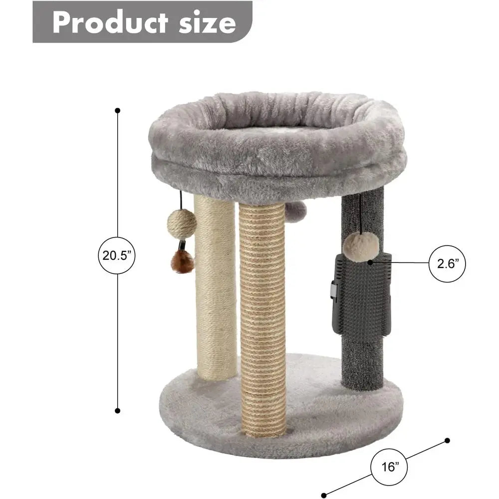 4in1 Small Cat Tree, Scratching Post with Tower Sot Bed, Sisal Carpet Jute Posts, Three Hanging Ball Toys and Massage Brush for
