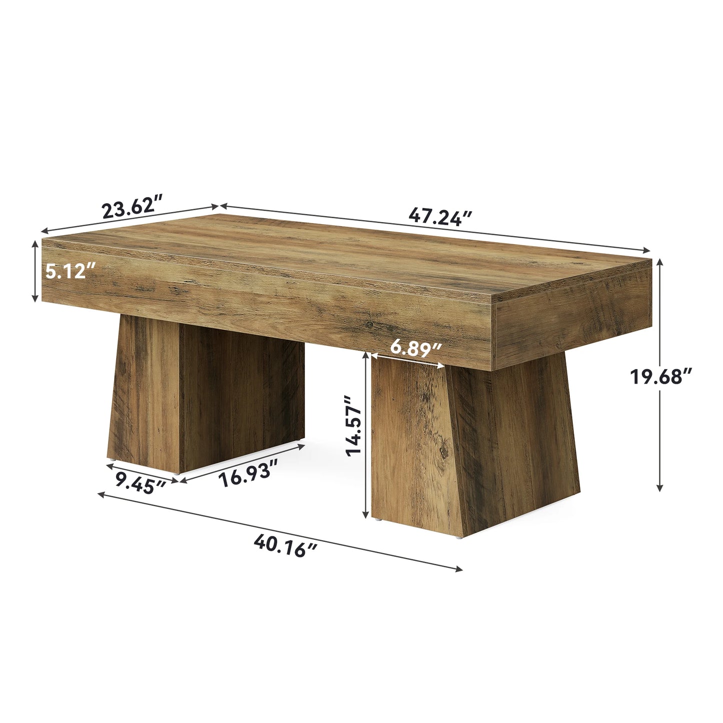Tribesigns Vintage Coffee Table, 120cm Wooden Accent Center Tables with Thick Base, Modern Low Cocktail Tea Furniture for