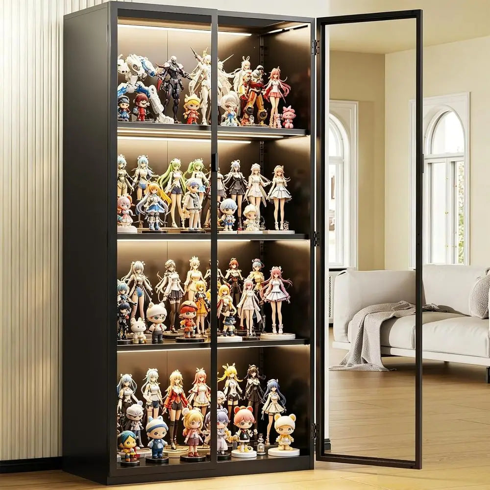 4-Tier Glass Display Cabinet with 3 Color Lights, Adjustable Shelves for Collectibles, Toys, Books, and Figurines - 63 Black