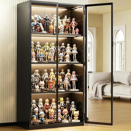 4-Tier Glass Display Cabinet with 3 Color Lights, Adjustable Shelves for Collectibles, Toys, Books, and Figurines - 63 Black
