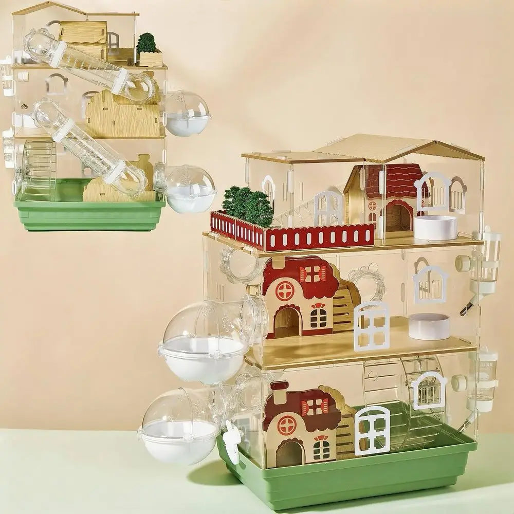 17 in 1 Clear Acrylic Hamster Cage with All Accessories, 13.5''L x 10''W x 21''H Dwarf Hamster Cage, Magnetic Contion Small Hams