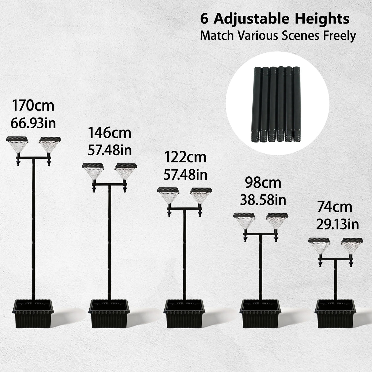 Solar Street Lights Outdoor Double Head Solar Lamp Post with Planter Base 6 Adjustable Heights IP44 Waterproof LED Landscape Lighting Dusk to Dawn Auto On Off with Ground Stakes for Garden Yard Patio Pathway