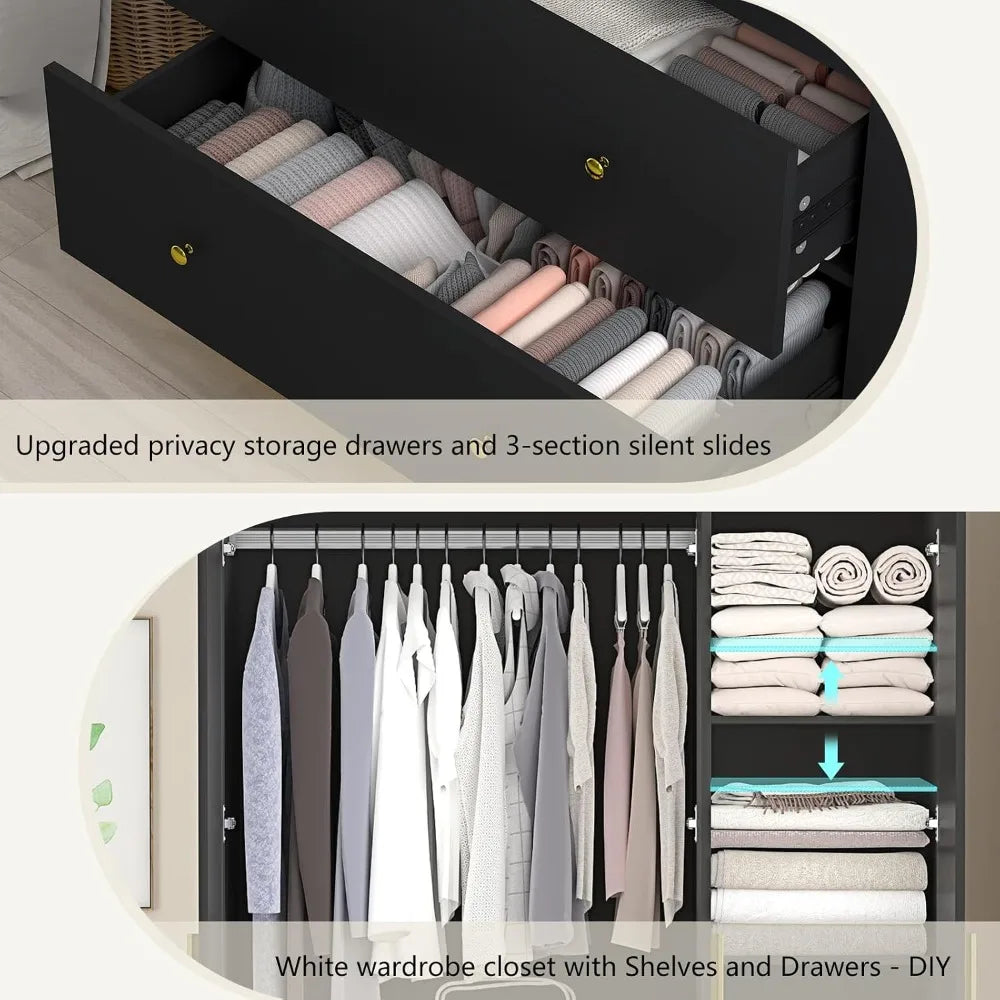 3 Door Wardrobe Closet with Mirror LED Lights, Bedroom Armoire with Drawers Shelves, Black