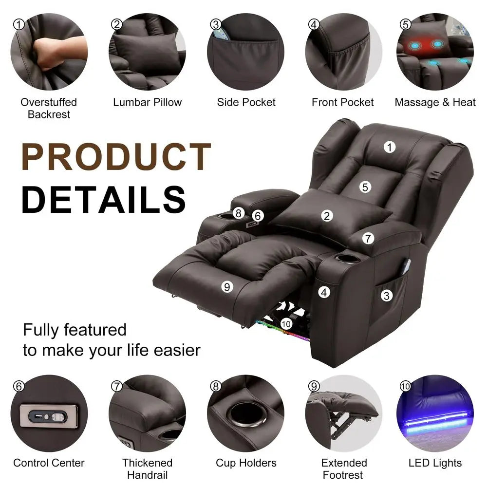 Power Recliner Chair, Electric Wall Hugger Reclining Sofa with Massage amp Heat, Overstuffed Movie Theater Seating with LED USB