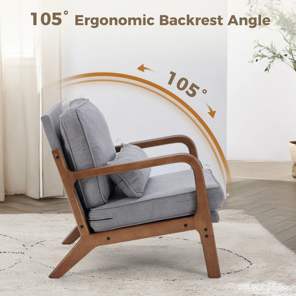 JHK Mid Century Modern Wooden Accent Chair With Lumbar Cushion