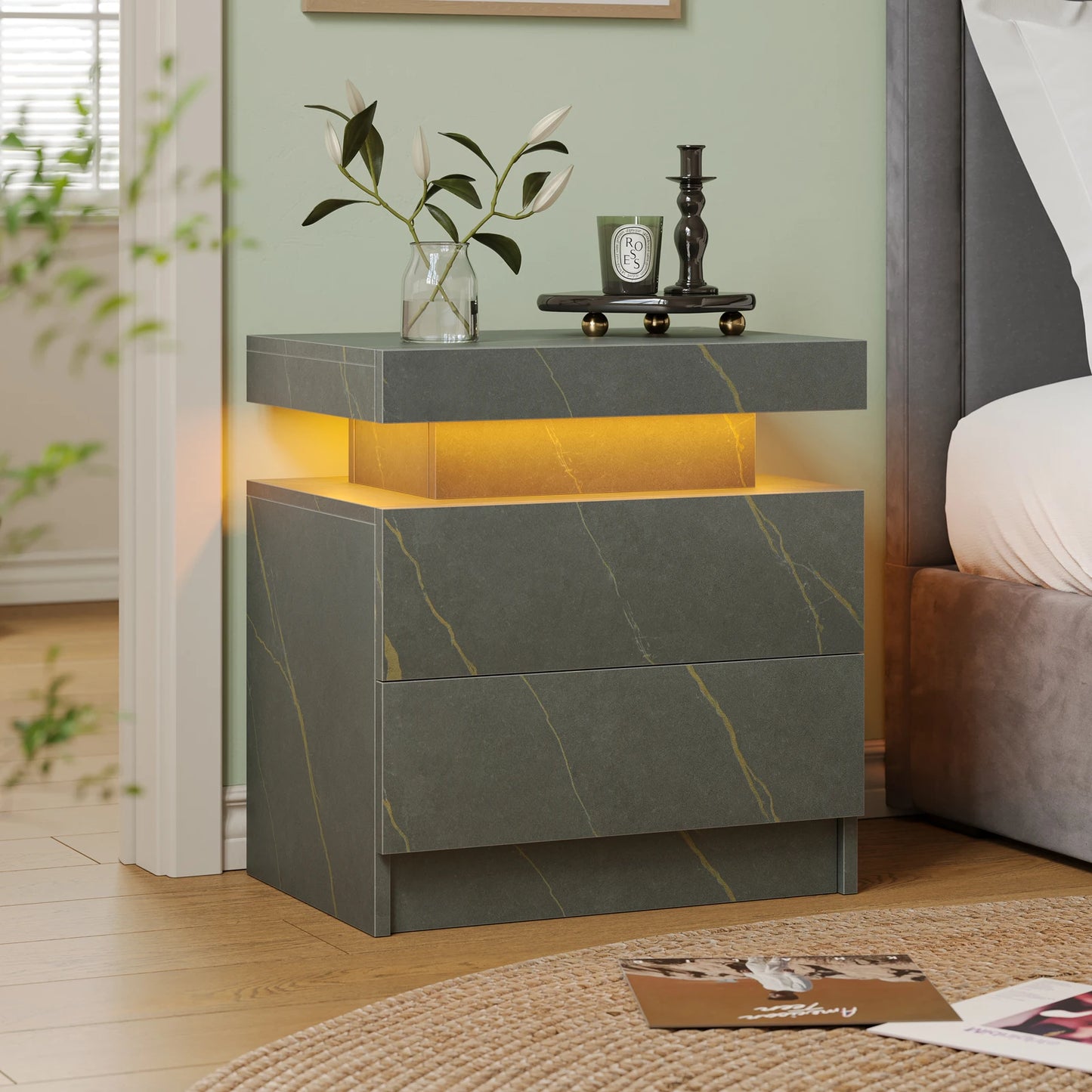 Cubehom White LED Nightstand With 2 Drawers And RGB Lights