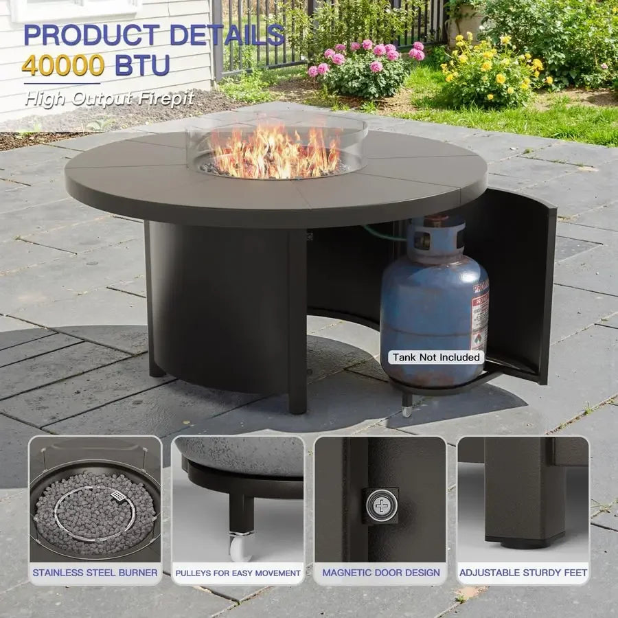 5 Piece Metal Outdoor Patio Furniture Set with Round Fire Pit Table, Patio Conversation Sets 4 Swivel Chairs with Thick Cushion