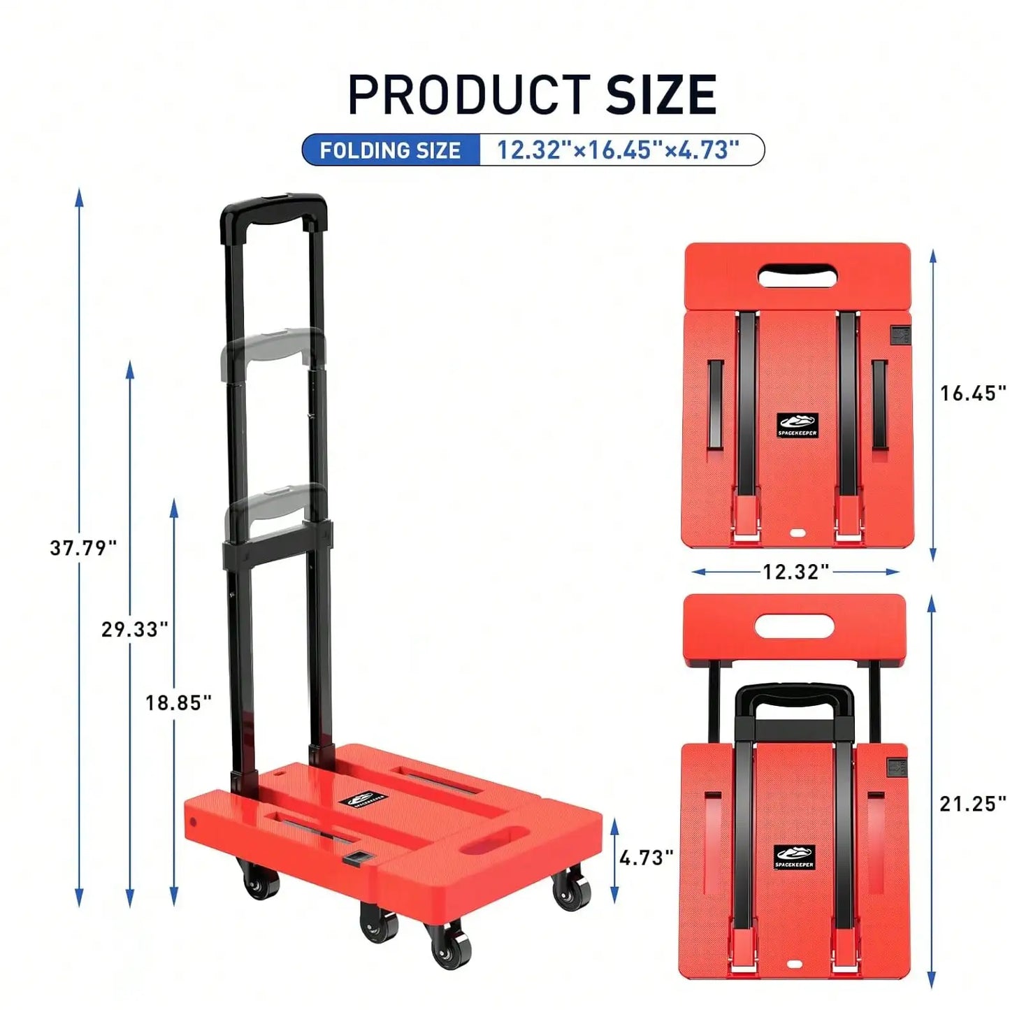 SPACEKEEPER Folding Hand Truck, 500 LB Heavy Duty Luggage Cart, Utility Dolly Platform Cart With 6 Wheels & 2 Elastic Ropes For