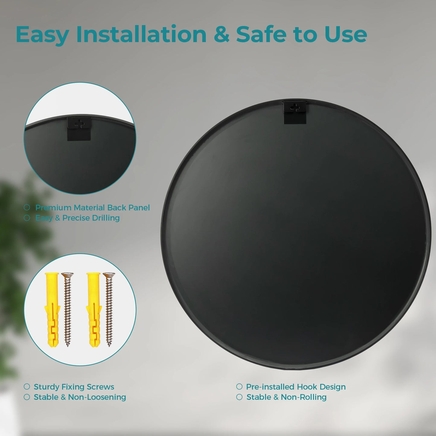 JHK Round Wall Mirror Tempered Glass Waterproof Decorative Room Accent