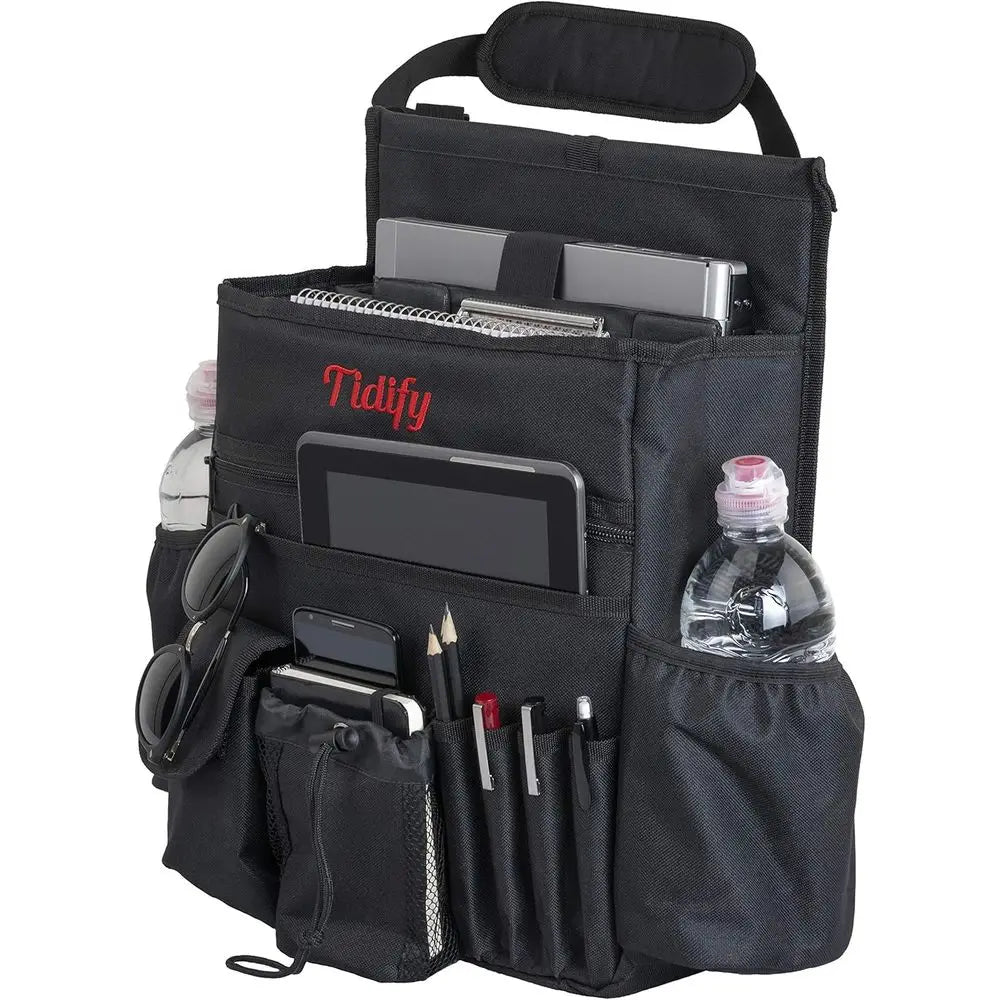 Car Front Seat Organizer with Dedicated Tablet and Laptop Storage, Stabilizing Side Straps, Adjustable Shoulder Strap, and Harde