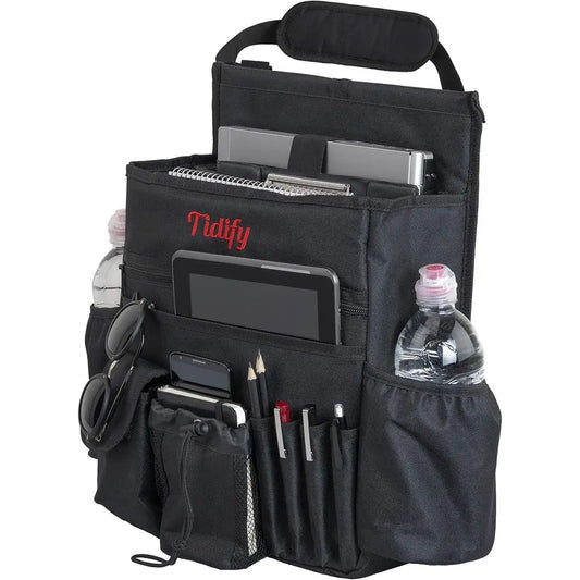 Car Front Seat Organizer with Dedicated Tablet and Laptop Storage, Stabilizing Side Straps, Adjustable Shoulder Strap, and Harde