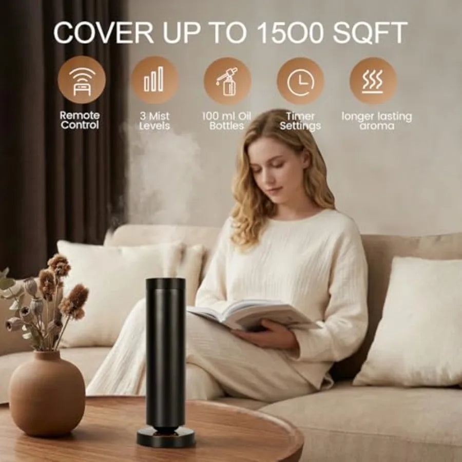 Cold Air Waterless Diffuser for hotels and offices, aluminum alloy body, matte black finish, covers 1000 sq ft with remote cont