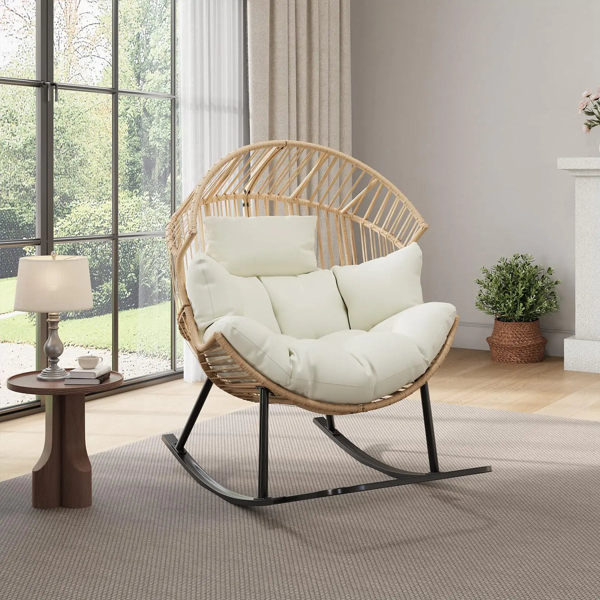 Papasan Rocking Chair Oversized Wicker Egg Lounge Seat With Soft 8'' Cushion, Ergonomic Rocker For Indoor Outdoor Patio Backyard