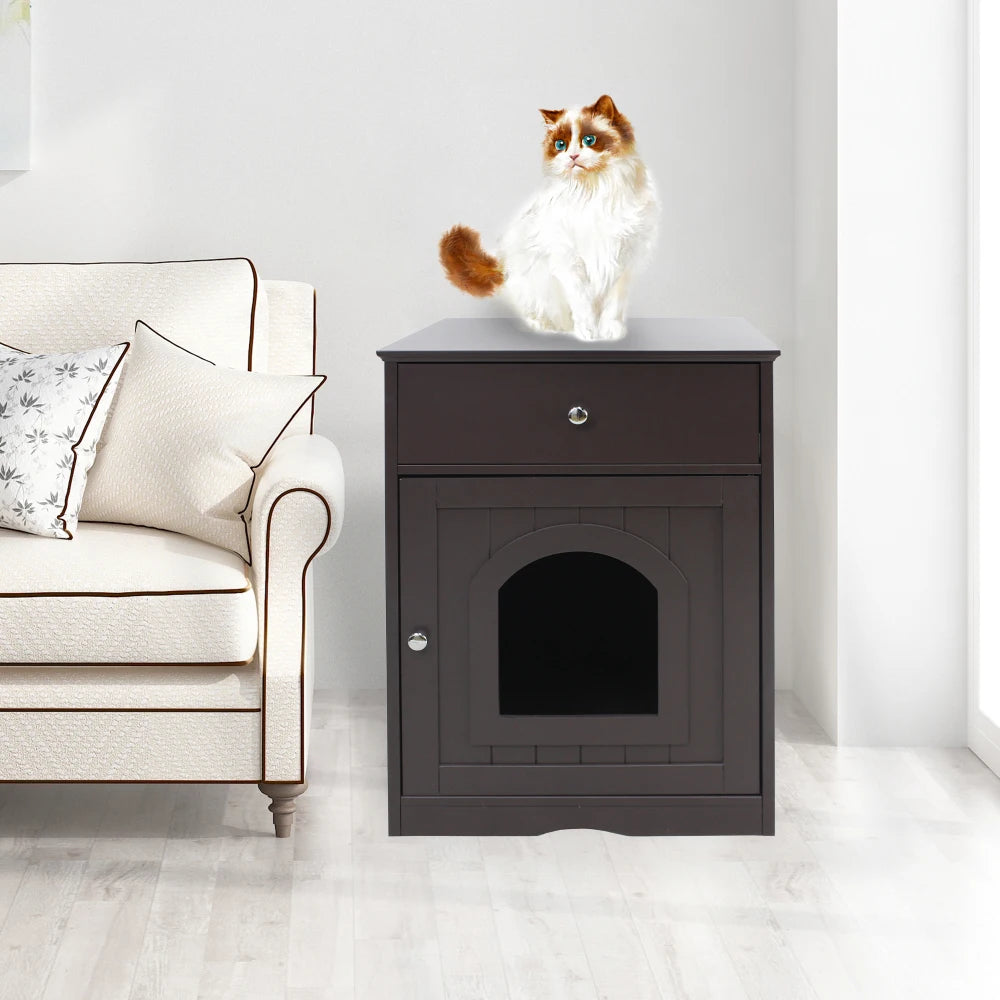 Wooden Cat Litter Box Enclosure and Indoor Pet House, Solid Wood White Cat Home with Drawer, Side Table and Nightstand Design, Furniture-Style Indoor Pet Crate and Hidden Litter Box Cabinet for Home Pet Areas, Living Rooms an
