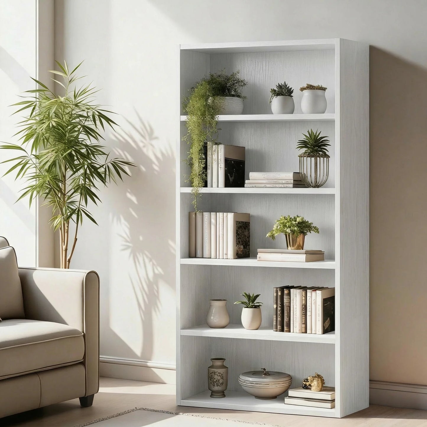 MCQ Five Tier Wooden Bookshelf With Adjustable Storage Shelves