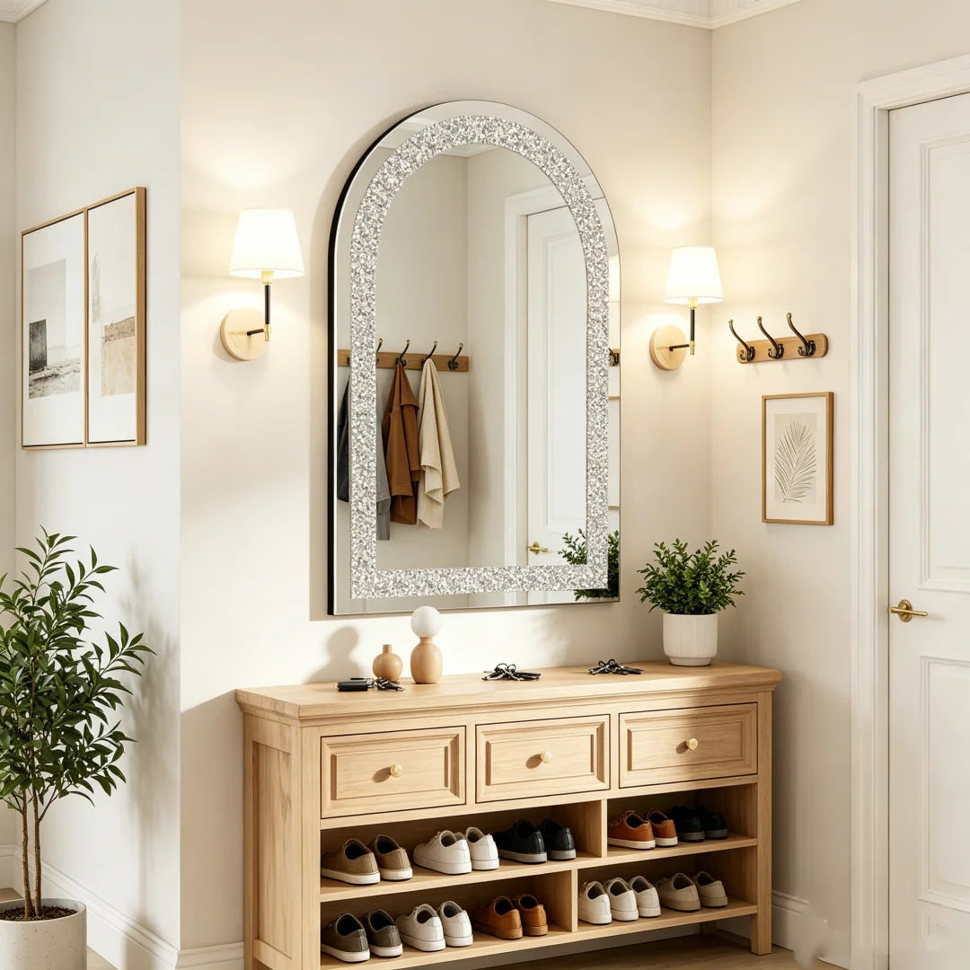 Luvodi Arched Wall Mirror With Crushed Diamond Decorative Frame