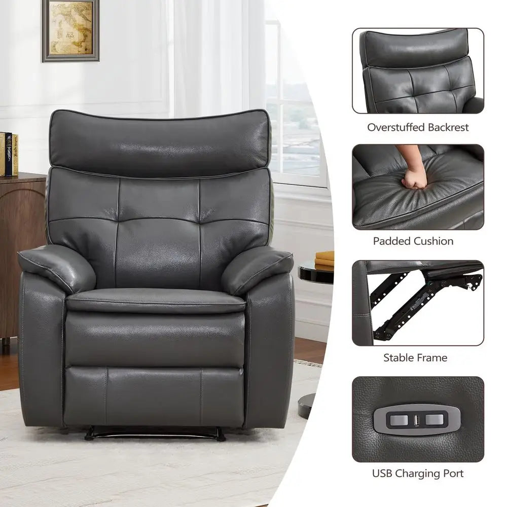 Power Recliner Chair with USB Charge Port, Genuine Leather Electric Reclining Chairs for Adults, Ergonomic Single Recliner Sofa