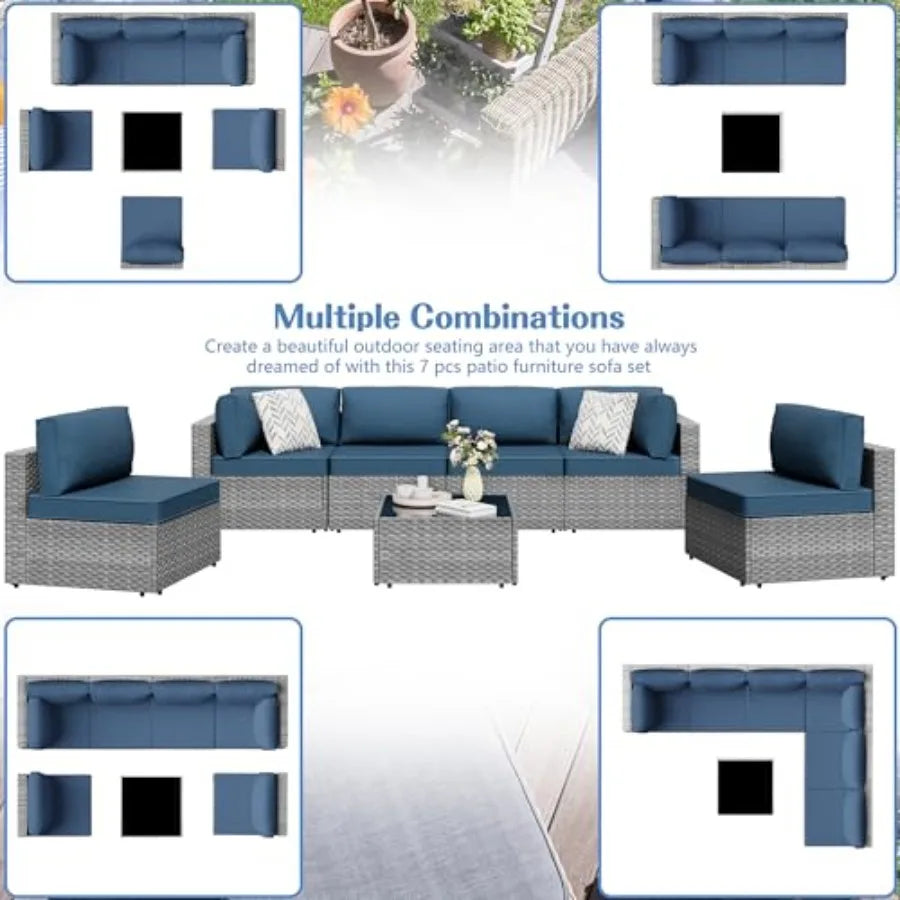 Outdoor patio furniture sets: gray PE wicker modular sectional sofa with washable cushions, Aegean blue accents, weather-resist