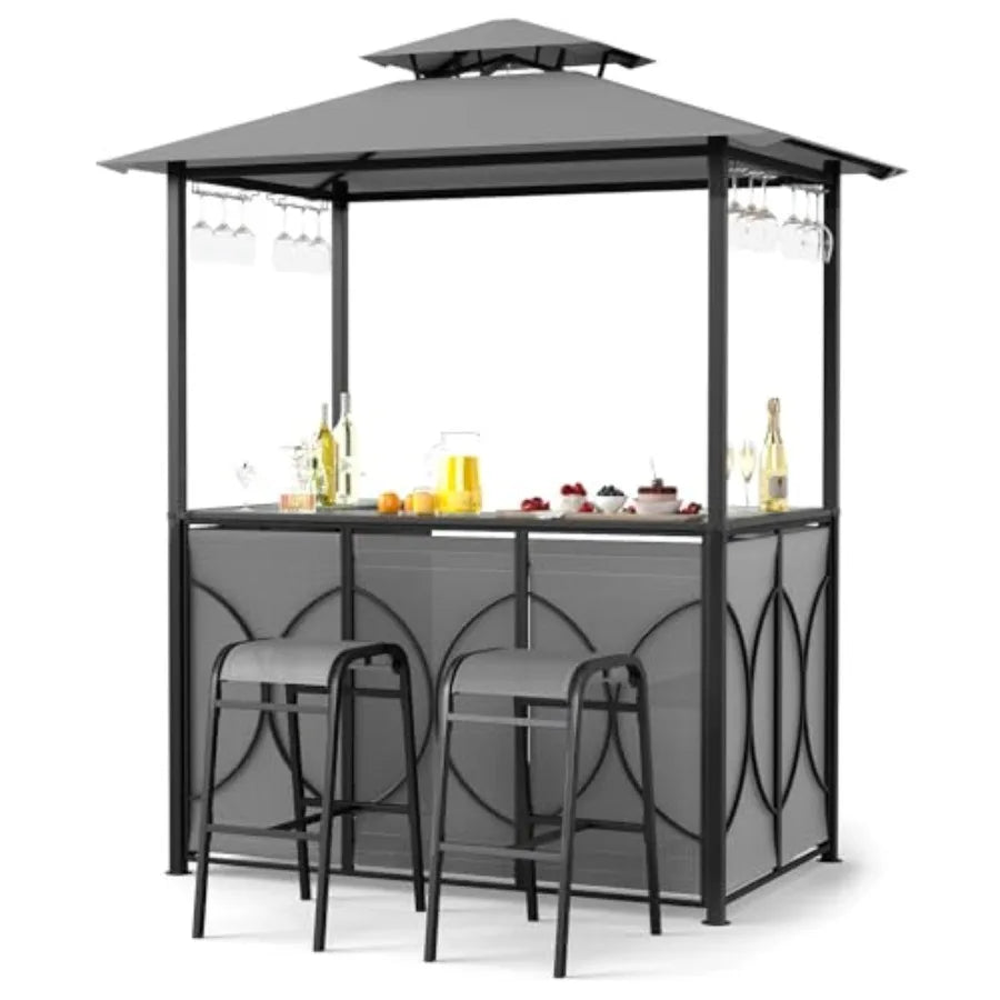 3-Piece Patio Bar Set for outdoor dining: grey powder-coated metal frame, tempered glass bar table, integrated glass holders an