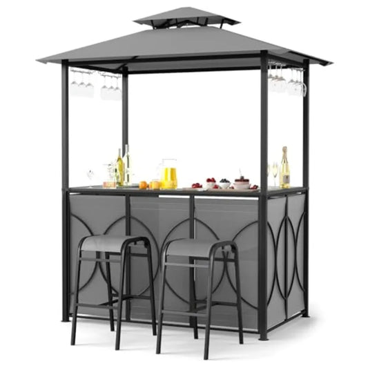 3-Piece Patio Bar Set for outdoor dining: grey powder-coated metal frame, tempered glass bar table, integrated glass holders an