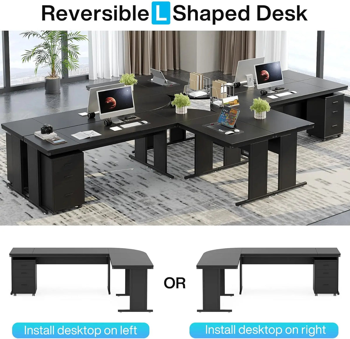 L Shaped Executive Desk with 3 Drawer File Cabinet Industrial Corner Computer Workstation for Home Office Black