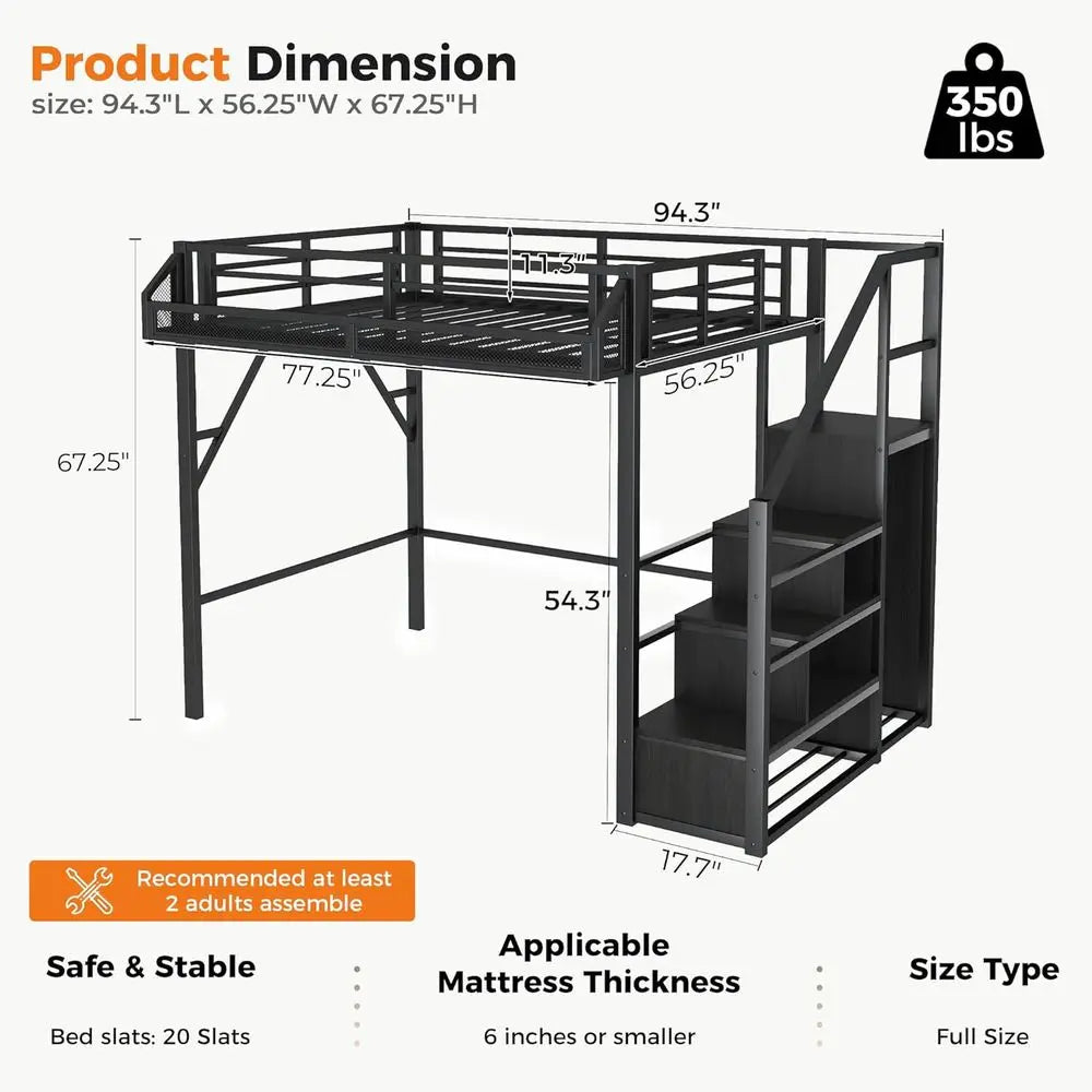 Space-Saving Bunk Bed with Storage Stairs, Wardrobe, and Metal Guardrail for Kids and Teens in Black