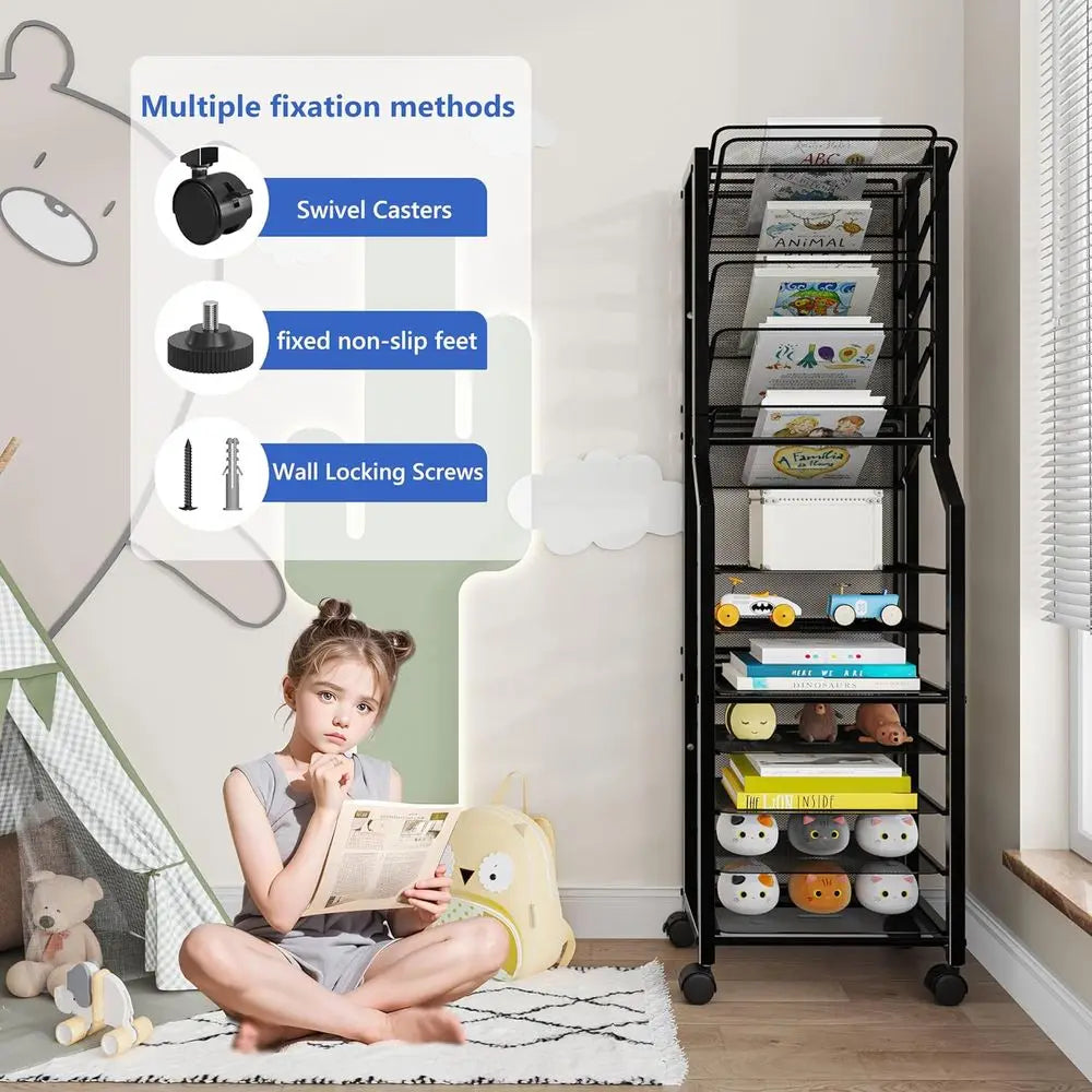 12 Tier Rolling Cart Desk Organizer with Sliding Trays and Metal Mesh Paper Letter Storage Multi-functional Rolling Clutter Cart