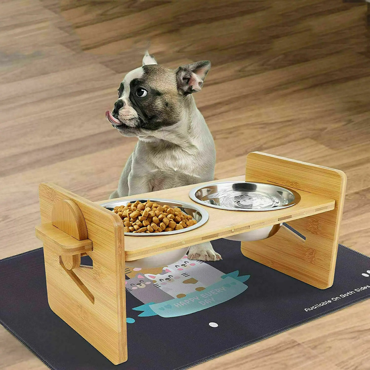 Adjustable Wooden Cat Feeder With Stainless Steel Bowls