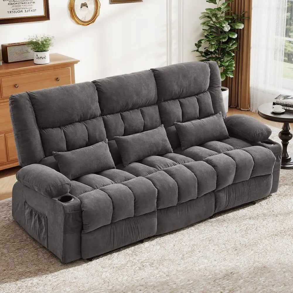 Reclining Sofa with Cup Holders for Living Room 3 Seat Manual Sofa Recliner with Side Pocket