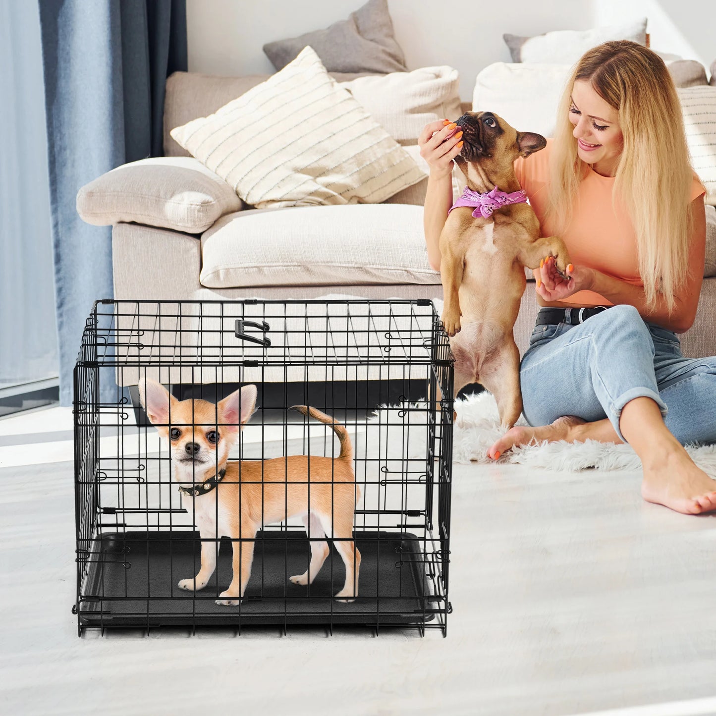 JHK Folding Wire Dog Kennel With Durable Plastic Pan Tray