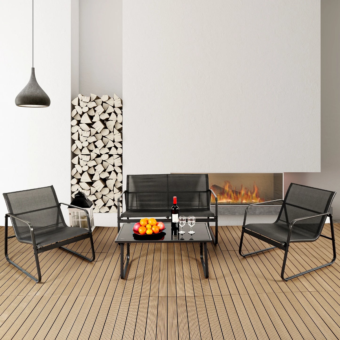 JHK Outdoor 4 Piece Patio Set With Table Metal Frame Lumbar Mesh Backrest