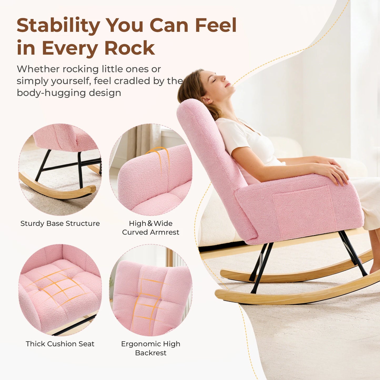 JHK Teddy Upholstered Saucer Rocking Chair with High Backrest Armchair Padded Seat Metal Frame Reading Chair for Living Room