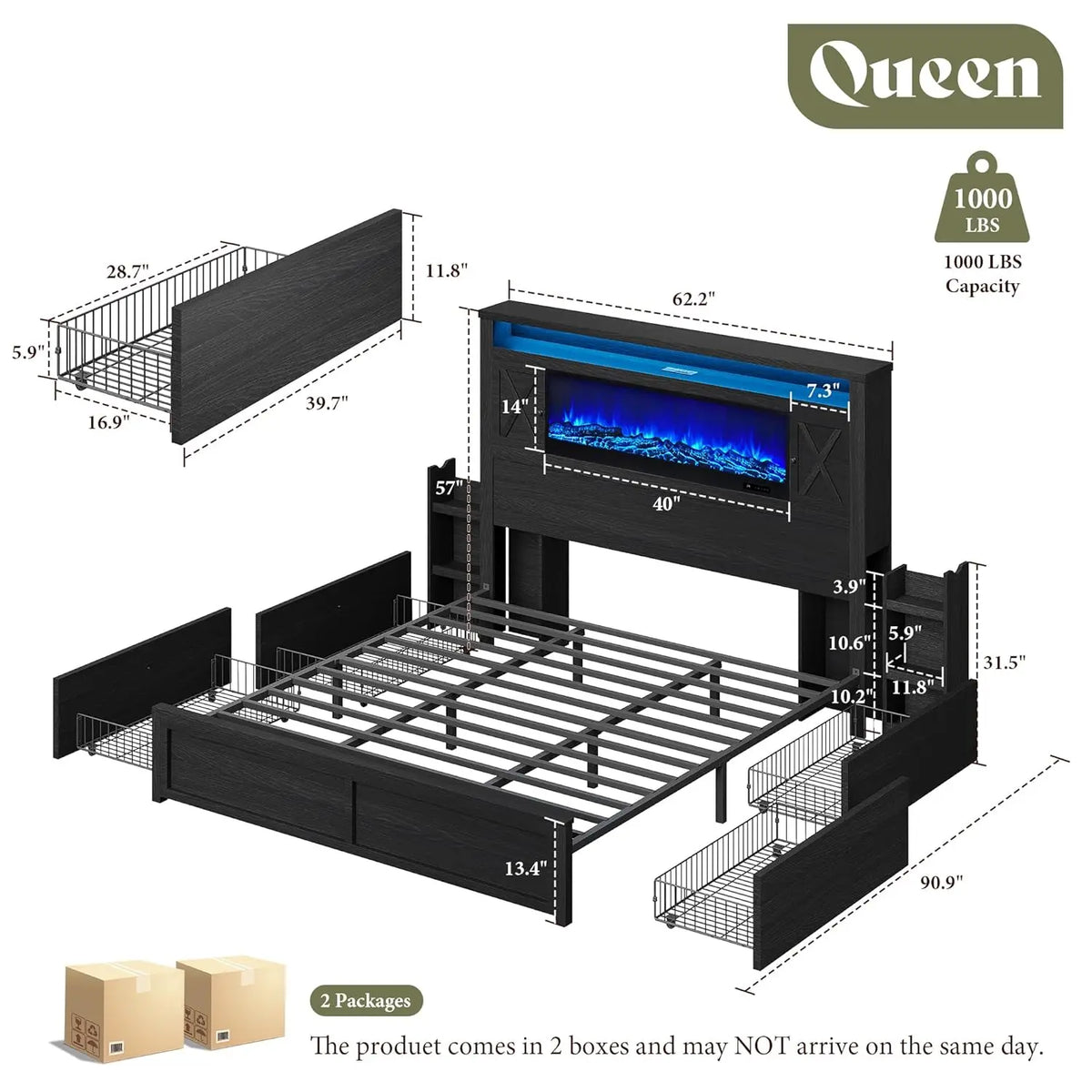 Queen Fireplace Storage Platform Bed with Headboard Barn Cabinets 4 Drawers 2 Racks RGB LED Charging Black Customized