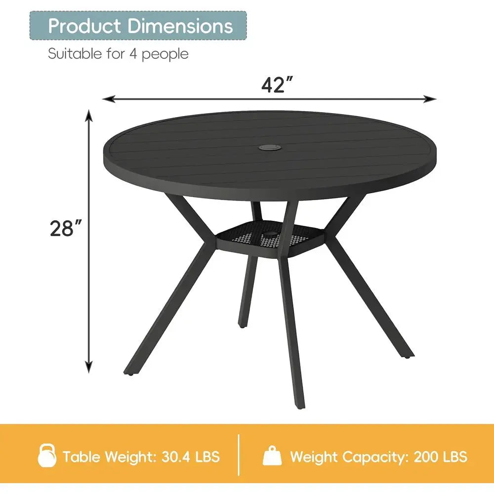 Round All-Weather Metal Patio Dining Table with Adjustable Umbrella Hole for Outdoor Garden and Backyard, Black