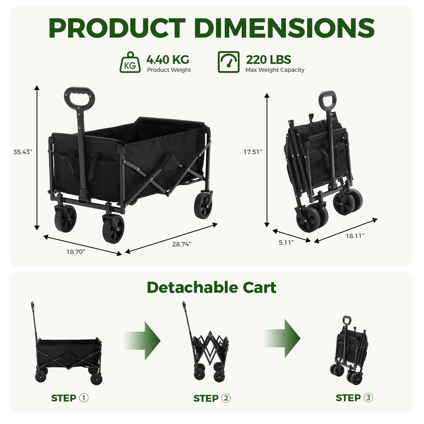 JHK 220 Lb Heavy Duty Collapsible Wagon Cart With Wheels
