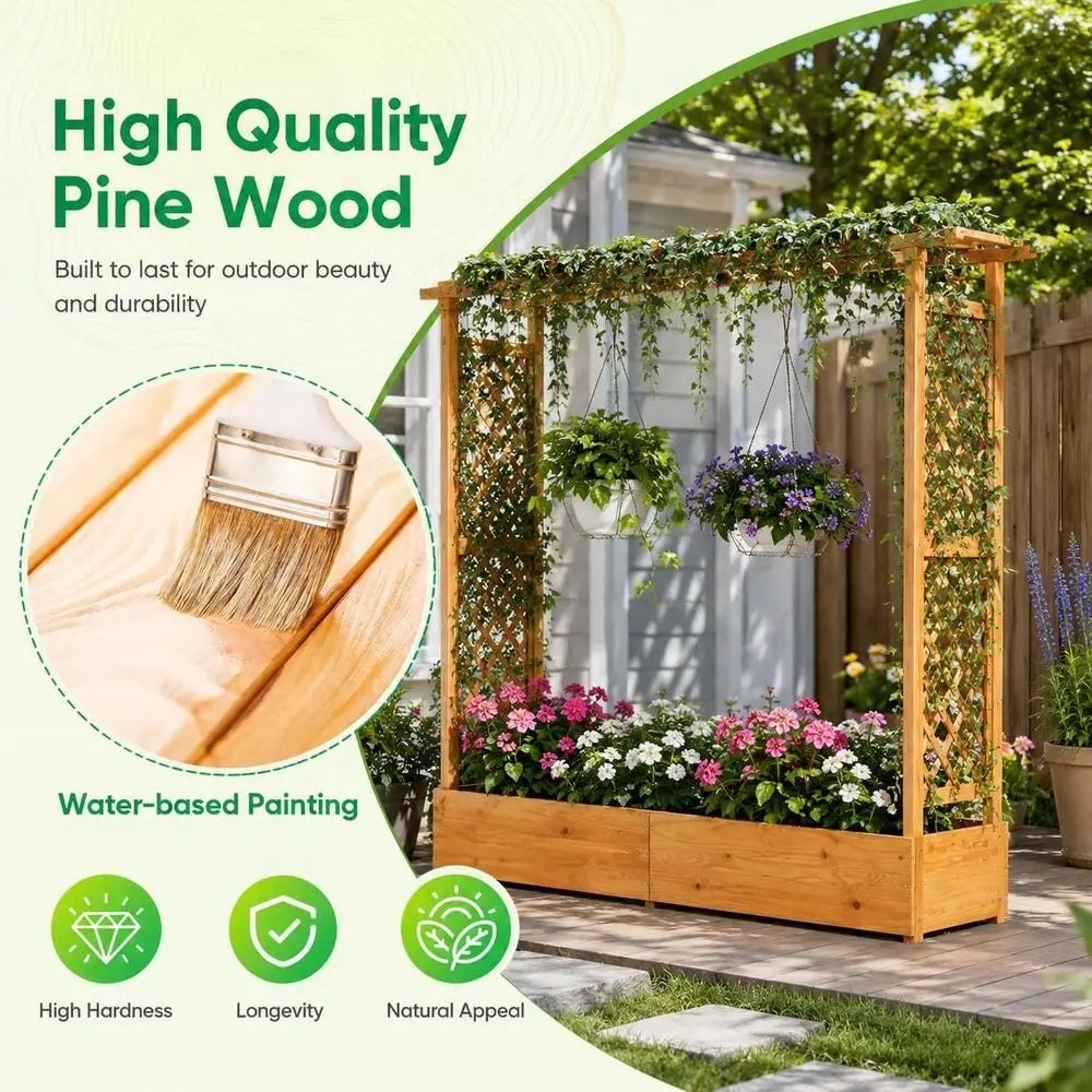 77 Tall Wooden Elevated Planter with Trellis, Hanging Baskets, and Drainage for Patio Gardening