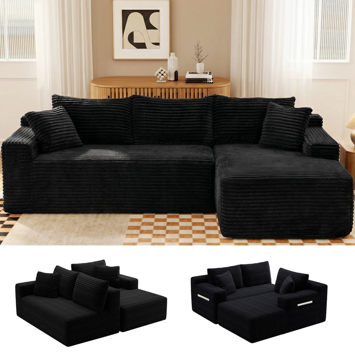 Corduroy Modular Sectional Sofa With Chaise For Living Room Furniture
