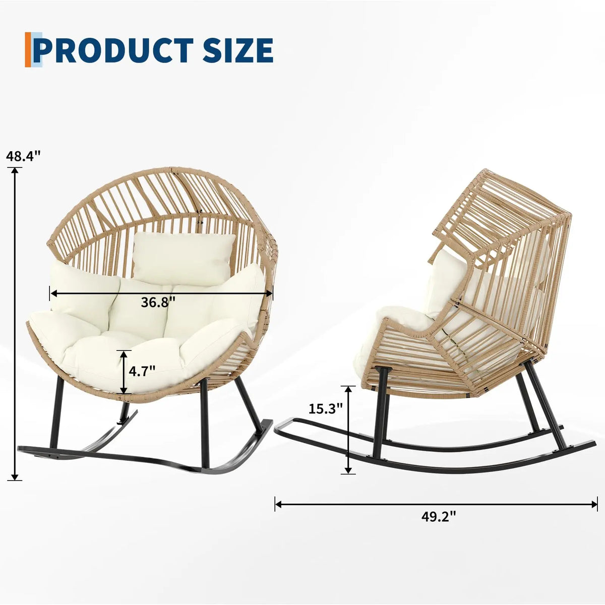 Papasan Rocking Chair Oversized Wicker Egg Lounge Seat With Soft 8'' Cushion, Ergonomic Rocker For Indoor Outdoor Patio Backyard