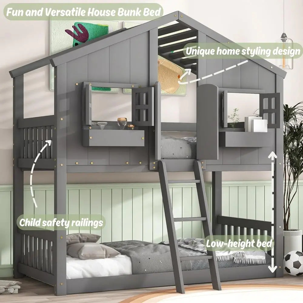 Twin Over Twin Bunk Bed with Playhouse, Ladder, Guardrails, Grey