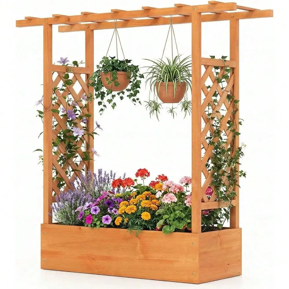 Garden Bed With Trellis, Wood Planter Box W Trellis, Hanging Roof, Drainage Holes, Freestanding Planter Raised Bed For Outdoor
