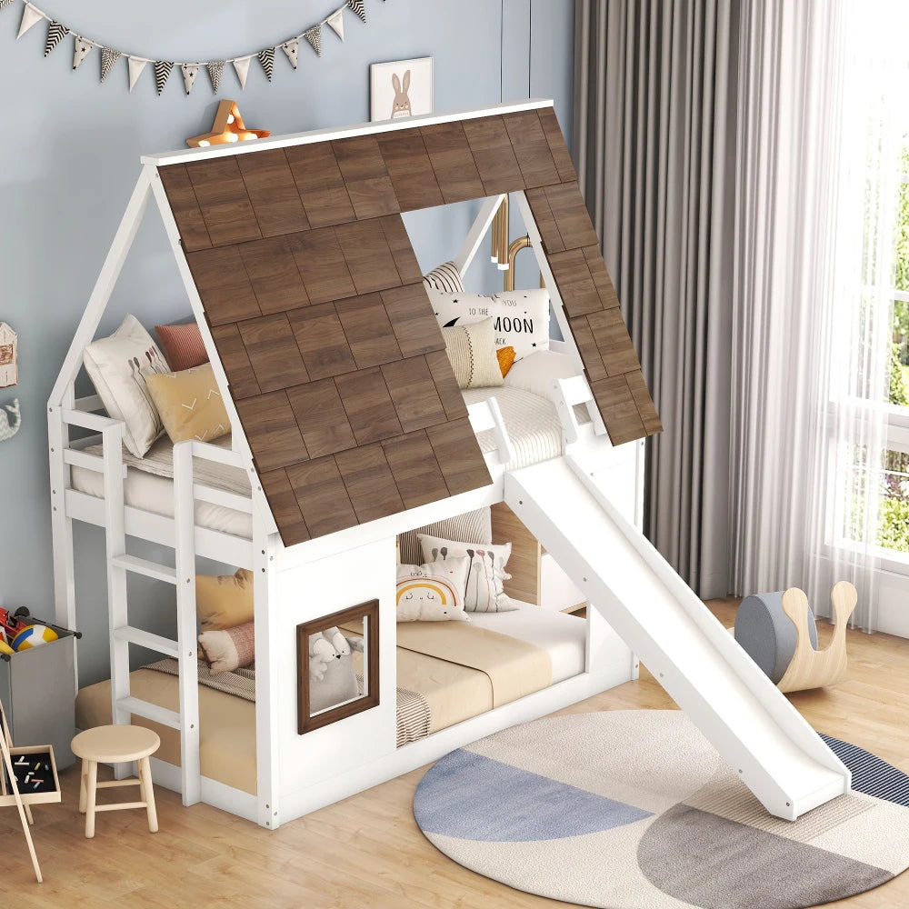 Wooden House Bunk Bed With Roof Ladder And Slide