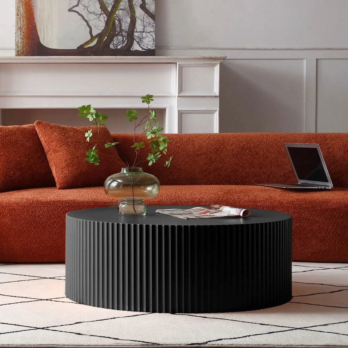 36" Oval Coffee Table, Modern Faux Stone Circle Center Table Accent Travertine Tea Table for Living Room, Magnesium, Customized