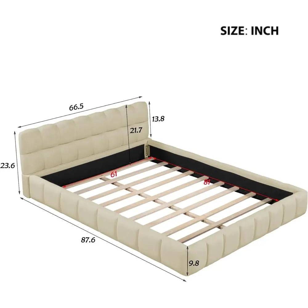 Queen Size Upholstered Platform Bed with Thick Fabric and Solid Wood, Suitable for Kids and Adults Bedroom Furniture (Beige/Grou