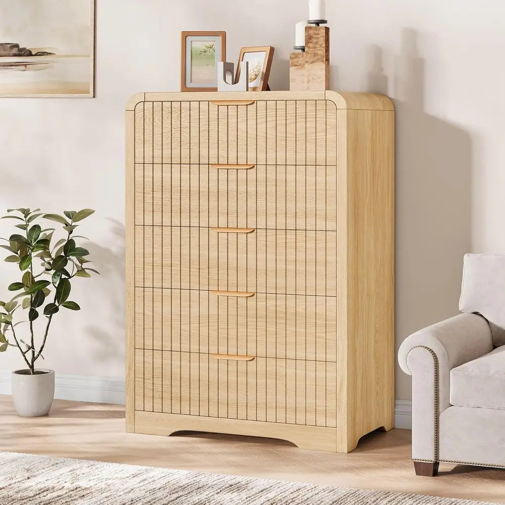 5 Drawer Tall Dresser with Curved Profile Design, Suitable for Bedroom, Natural Oak Finish