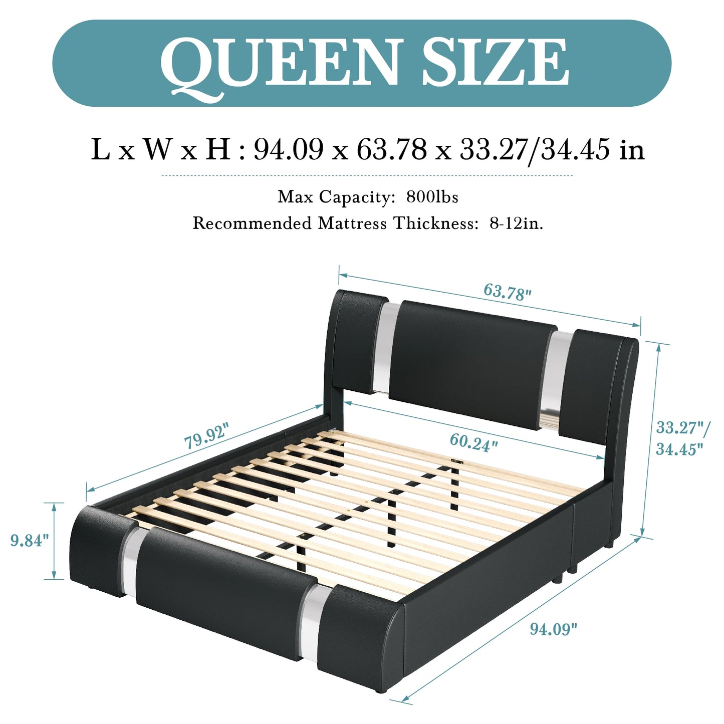HOOMIC Modern Faux Leather Bed Frame Iron Decor Adjustable Headboard