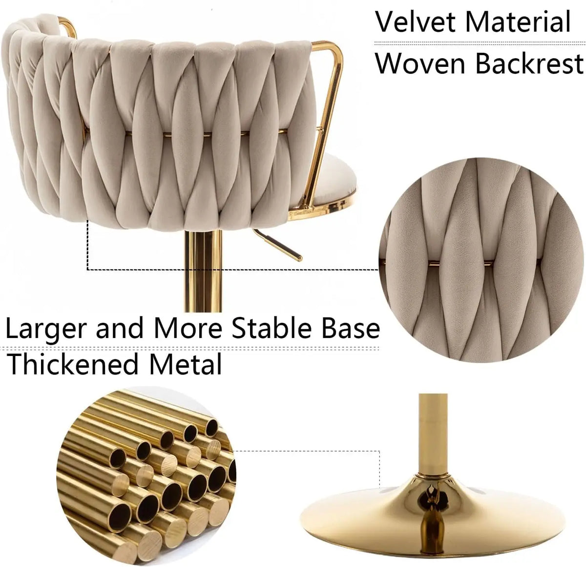 Mid Century Velvet Swivel Bar Stools With Woven Backrest and Support